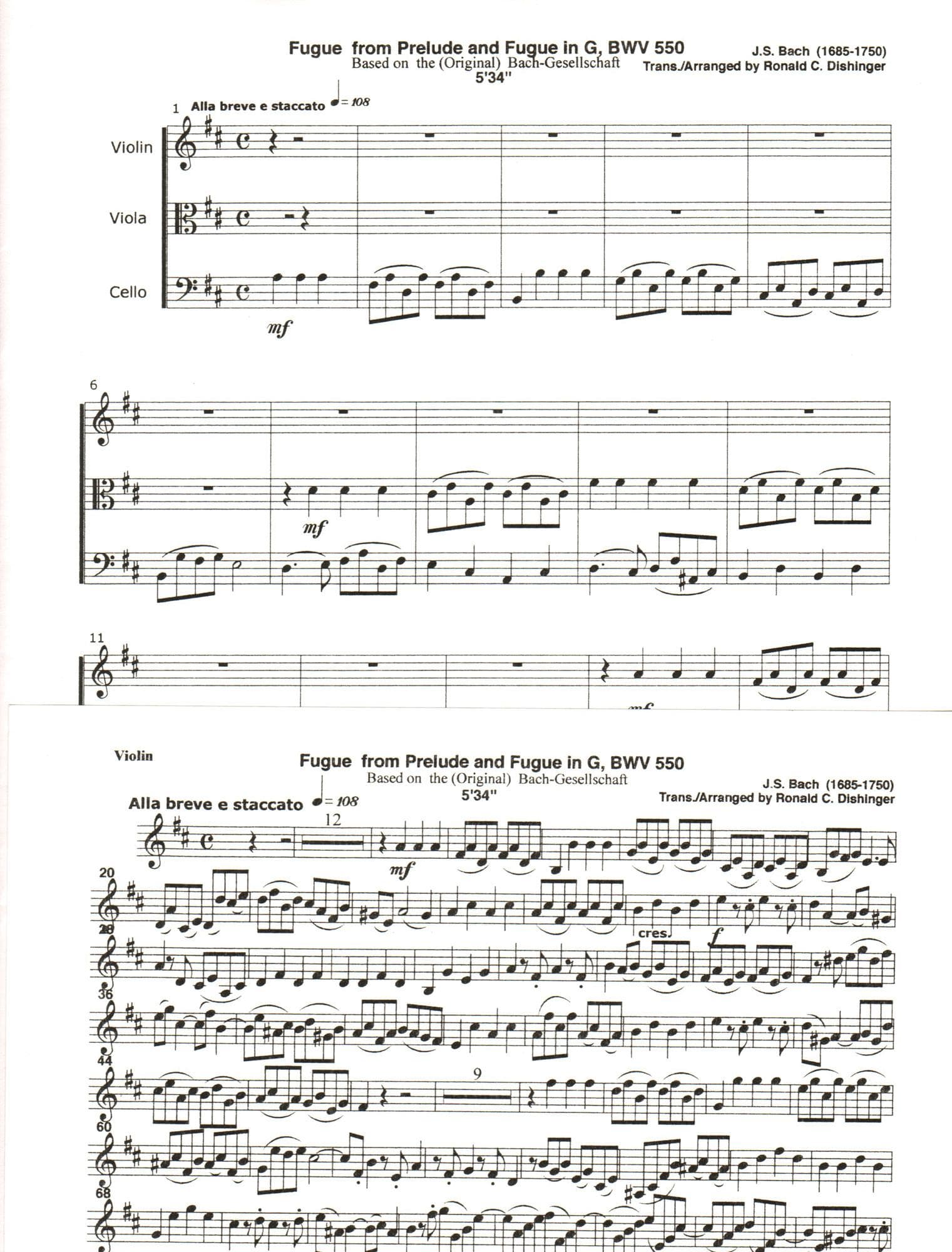 Bach, J.S. - Fugue from Prelude and Fugue in G (BWV 550) - for String Trio - arranged by Dishinger - Medici Music Press