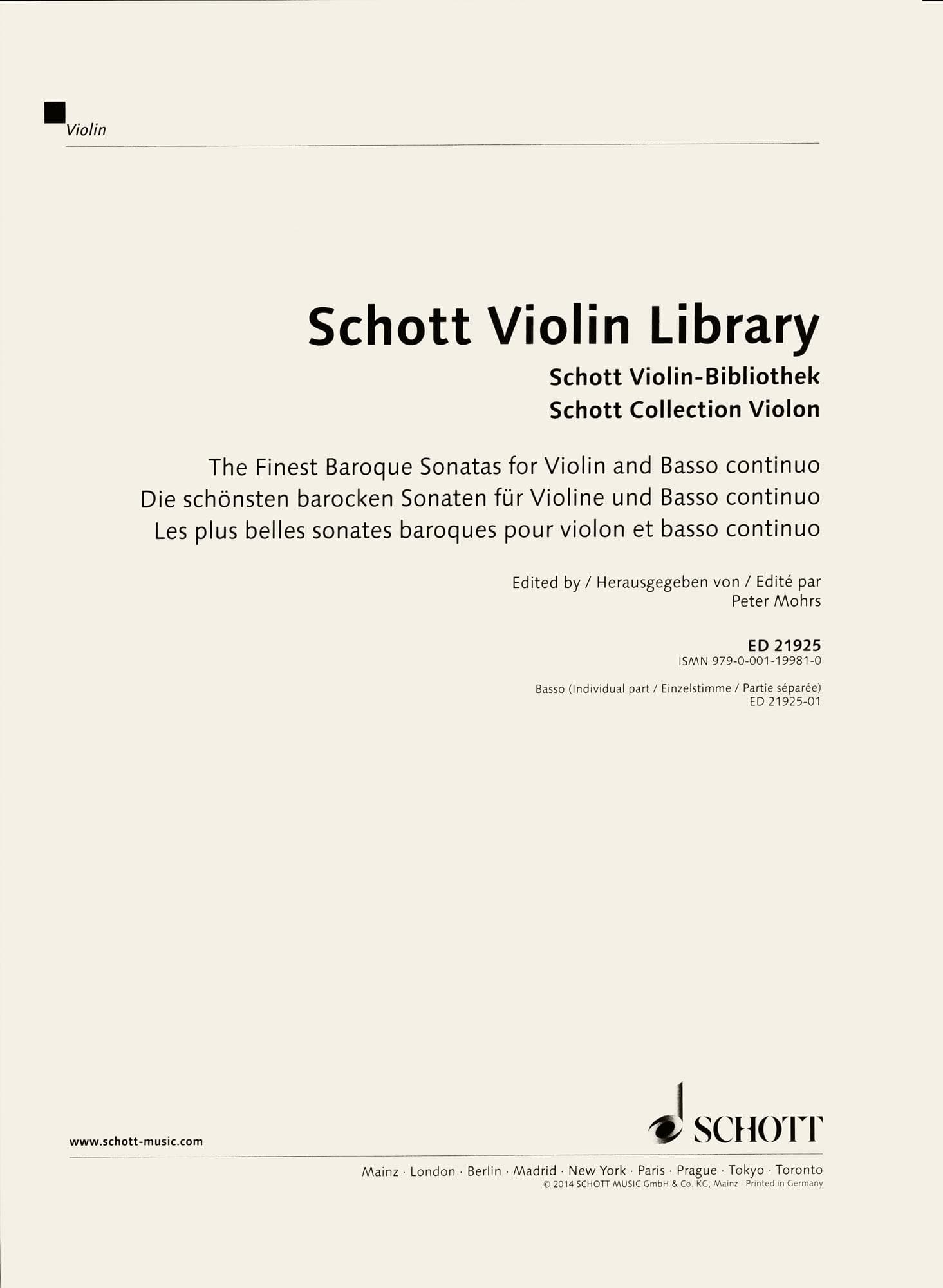 The Finest Baroque Sonatas - for Violin and Basso Continuo - edited by Peter Mohrs - Schott Violin Library