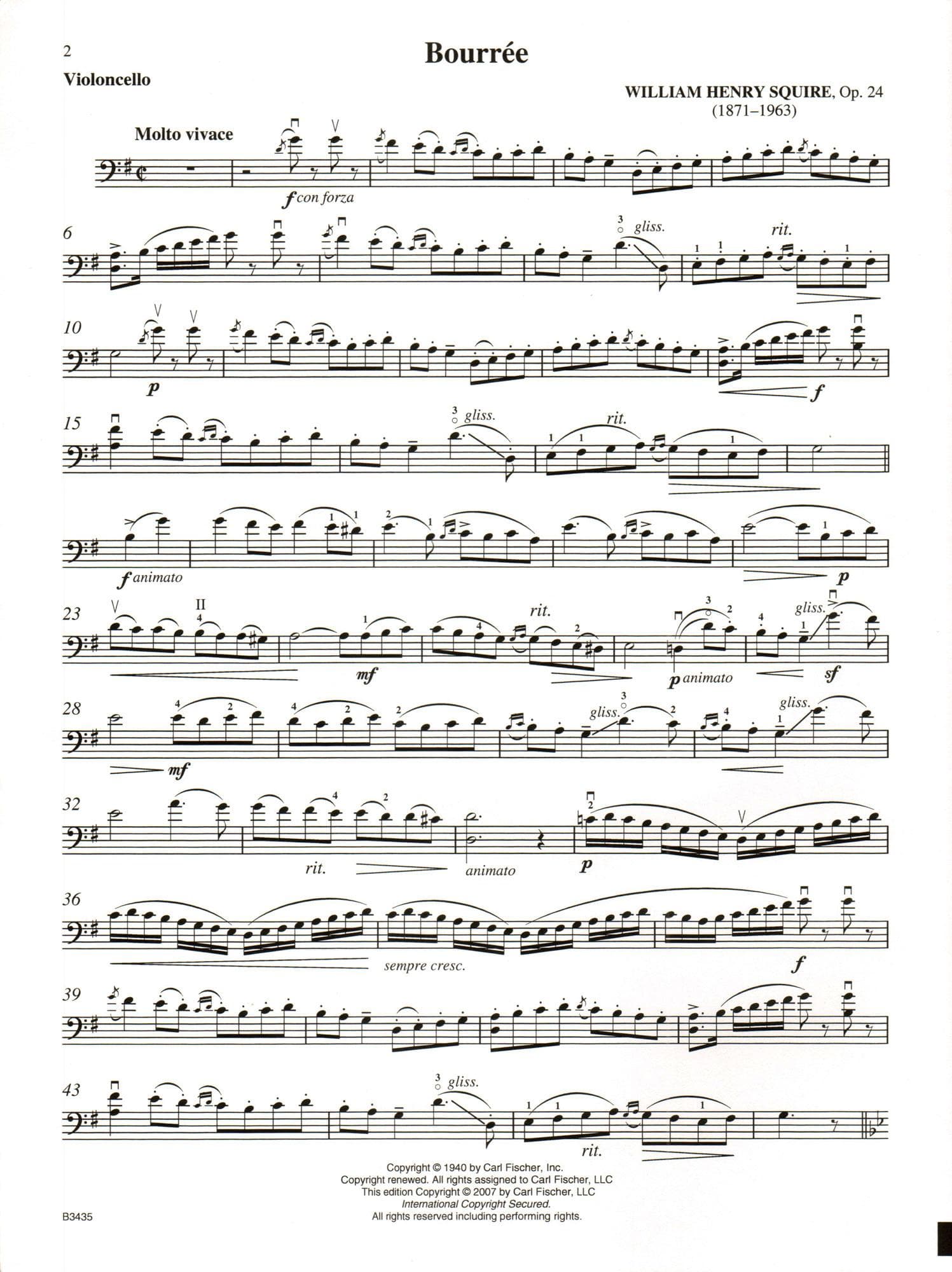 Squire, William Henry - Bouree Op 24 For Solo Cello & Piano Published by Carl Fischer