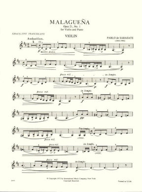 Sarasate, Pablo de - Malaguena Op 21 No 1 - for Violin and Piano - edited by Francescatti - International Music Company