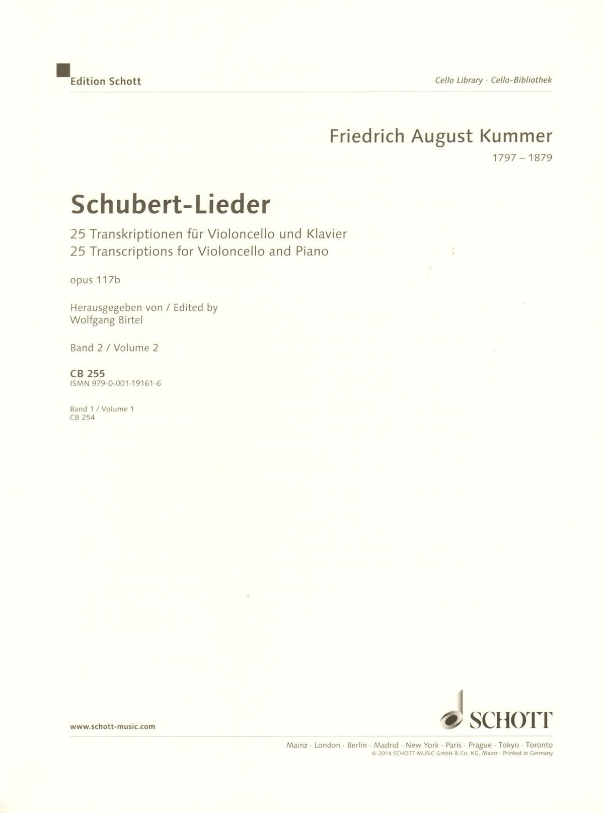 Schubert-Lieder - 25 Songs by Franz Schubert - Vol. 2 - transcribed by Friedrich Kummer (opus 117b) - for Cello and Piano - Schott