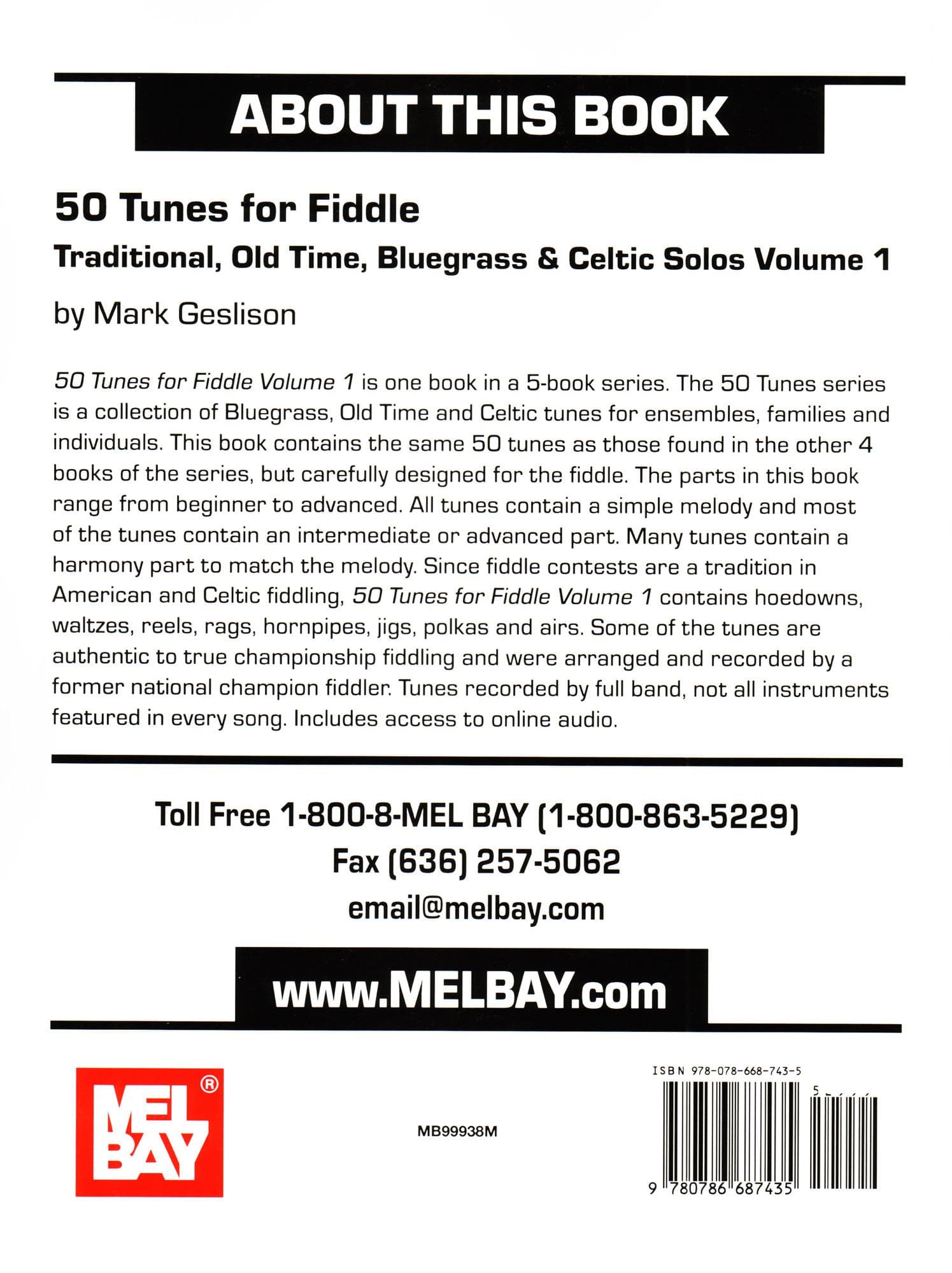 50 Tunes for Fiddle, Volume 1: Traditional, Old Time, Bluegrass and Celtic Solos - Violin solo with Online Audio - by Mark Geslison - Mel Bay Publications