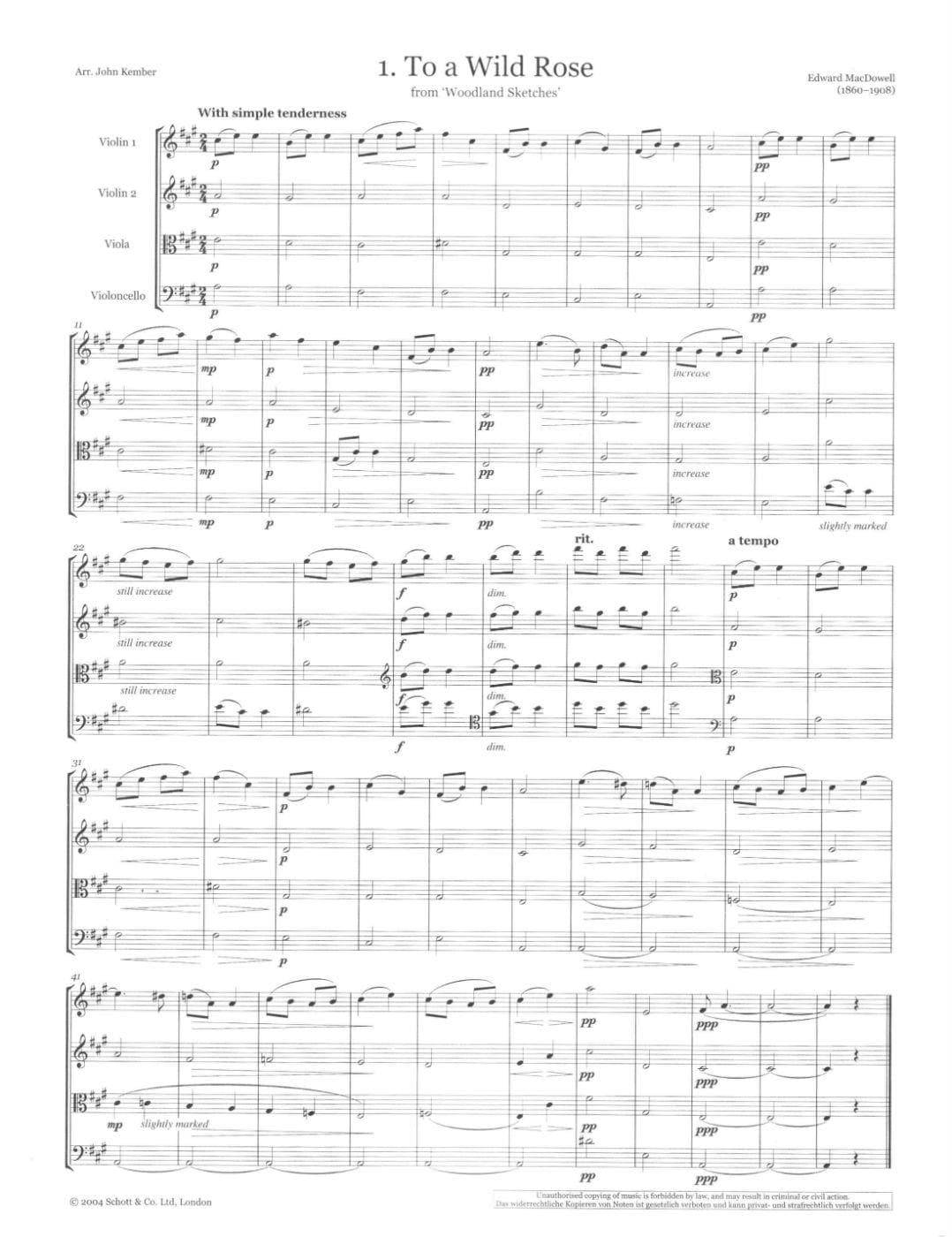 To A Wild Rose: 11 Romantic Pieces for String Quartet - Score and Parts - arranged by John Kember - Schott Edition