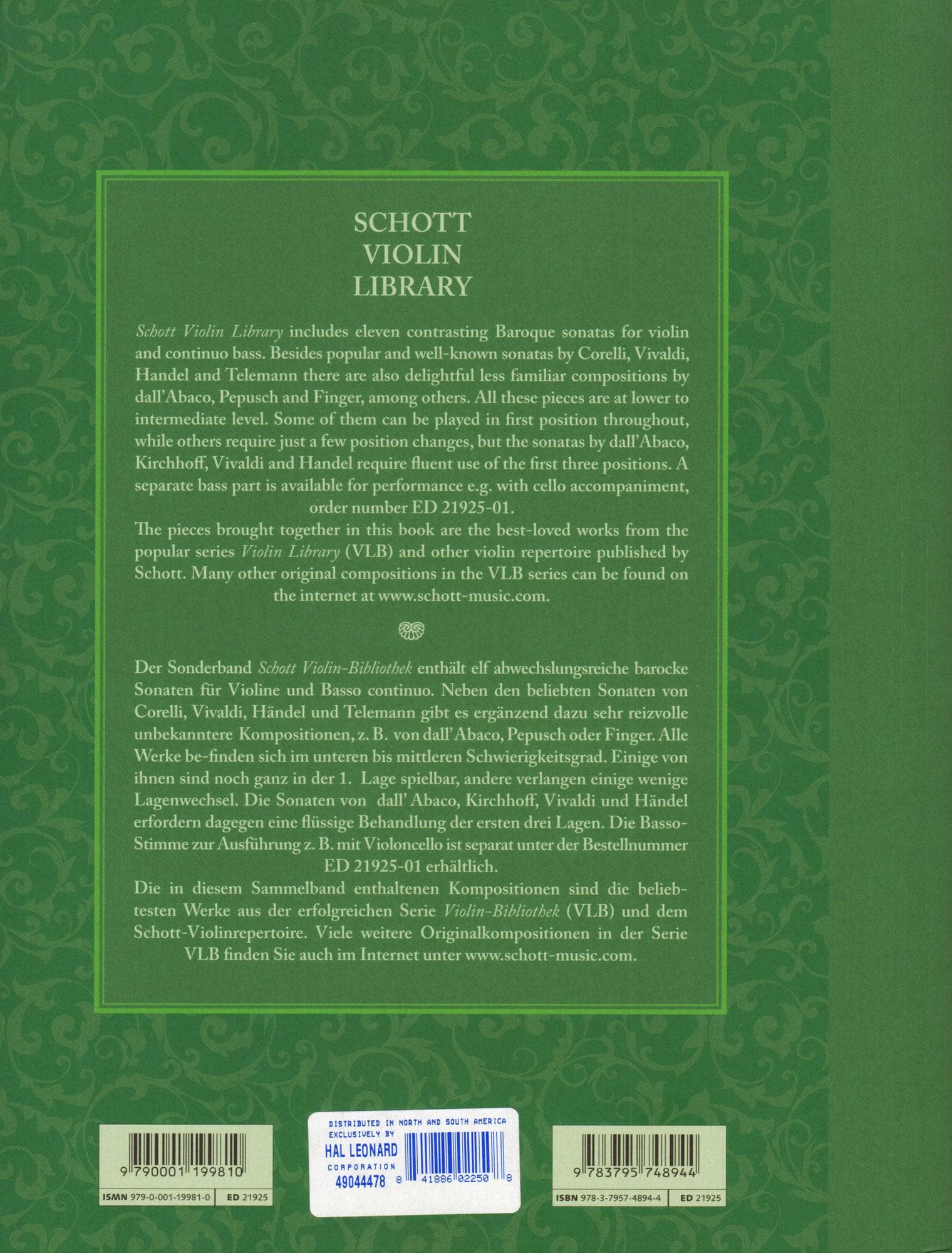 The Finest Baroque Sonatas - for Violin and Basso Continuo - edited by Peter Mohrs - Schott Violin Library