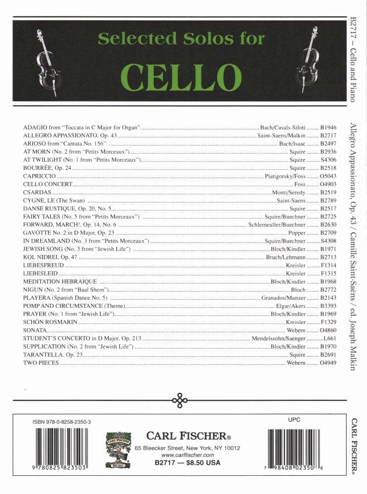 Saint-Saens, Camille - Allegro Appassionato, Op 43 - for Cello and Piano - edited by Joseph Malkin - Carl Fischer