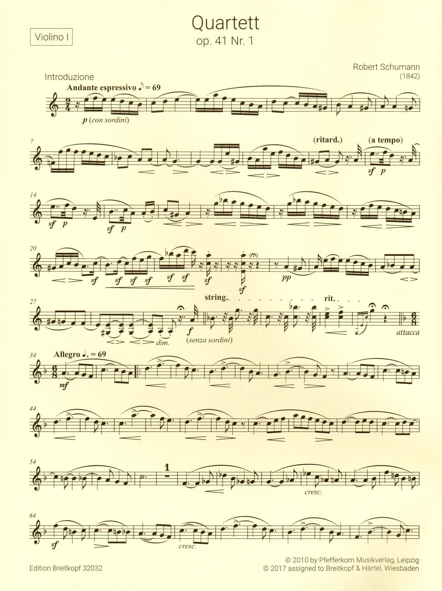 Schumann, Robert - String Quartets, Op 41, Nos 1-3 - Two Violins, Viola, and Cello - edited by Nick Pfefferkorn - Breitkopf & Hartel