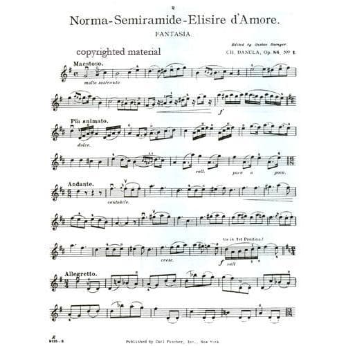 Dancla, Charles - 12 Easy Fantasias On Celebrated Melodies Op 86 for Violin and Piano - Arranged by Saenger - Ficsher Edition