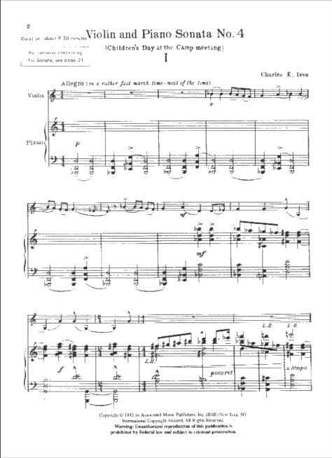 Ives, Charles - Sonata No 4 (Children's Day at the Camp Meeting) - Violin and Piano - Associated Music Publishers