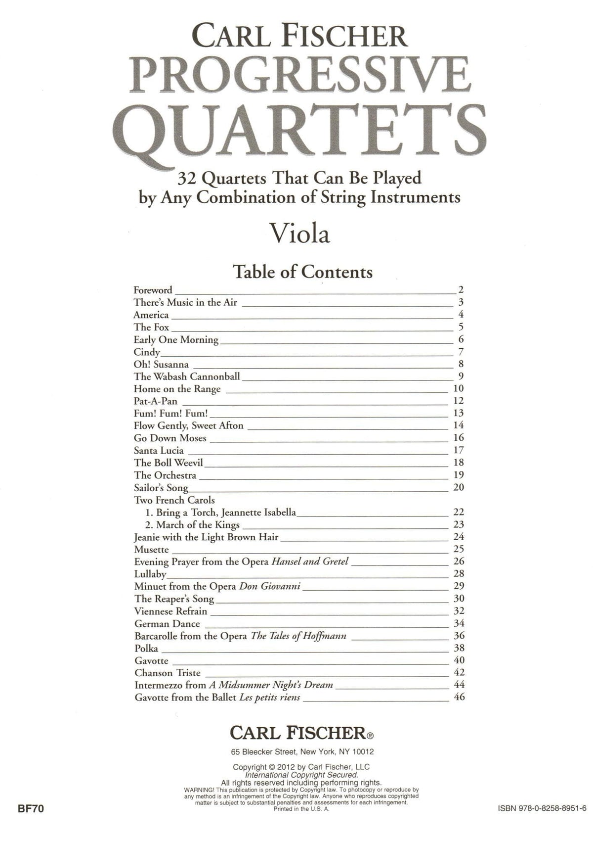 Progressive Quartets for Viola - 26 Quartet for Any Combination of Stringed Instruments - Arranged by Doris Gazda - Carl Fischer Publication