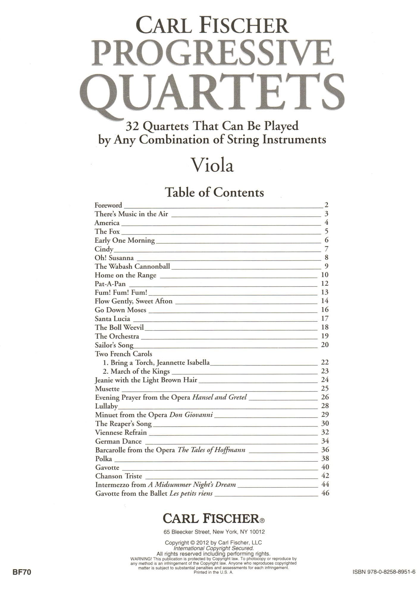 Progressive Quartets for Viola - 26 Quartet for Any Combination of Stringed Instruments - Arranged by Doris Gazda - Carl Fischer Publication