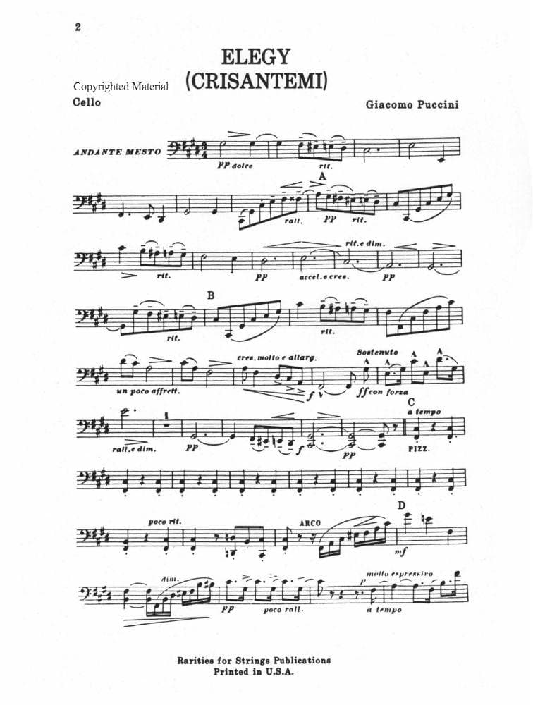 Puccini - Elegy ( Chrysanthemums ) for String Quartet Score and Parts Published by Rarities for Strings Publications