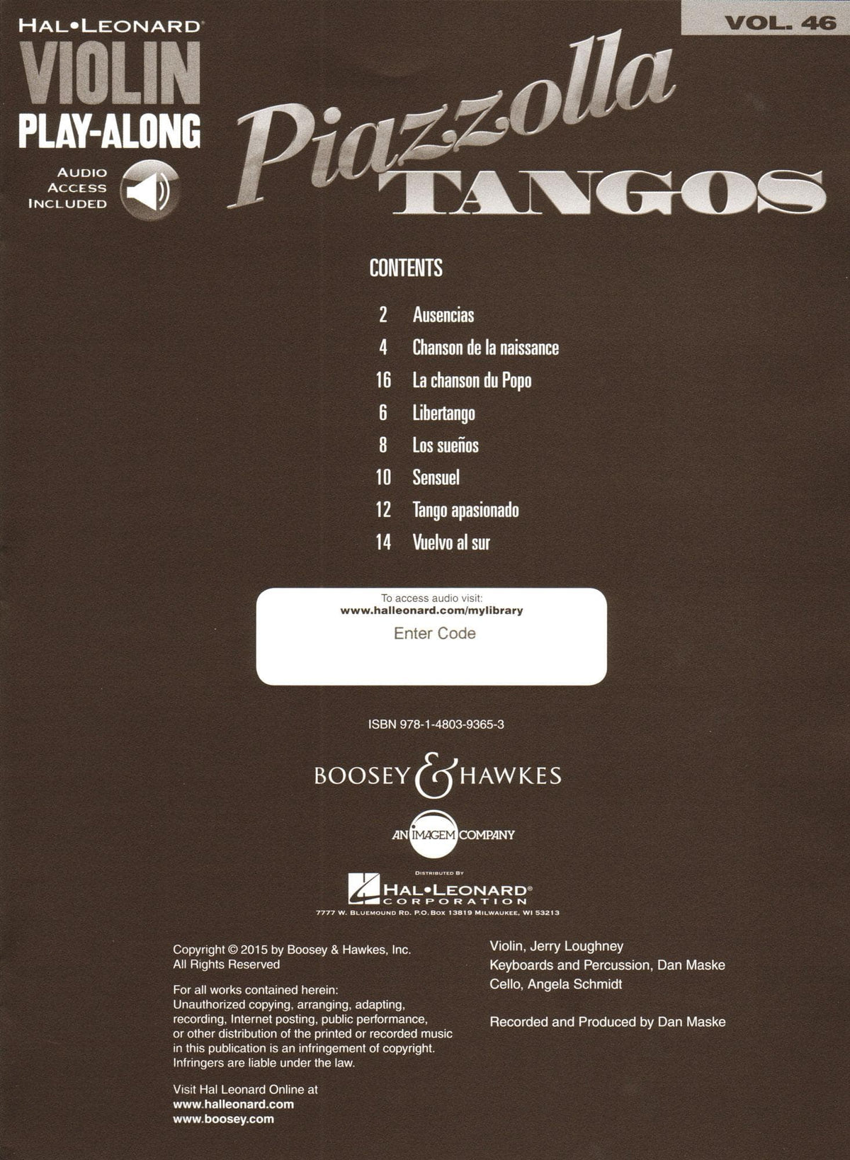 Piazzolla Tangos - Violin Play-Along Vol. 46 - 8 Favorites - for Violin and Audio Accompaniment - Hal Leonard