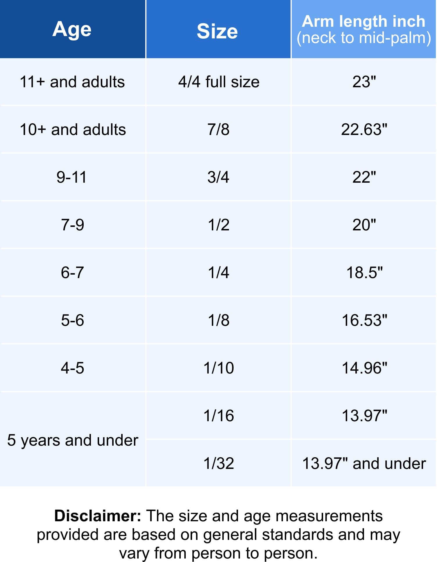 violin size chart